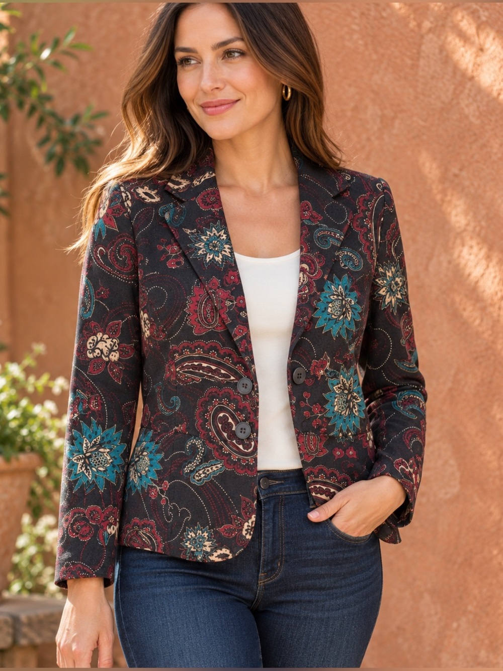 Notations Paisley Floral Blazer Black Multi Shoulder Pads Button Front Small
